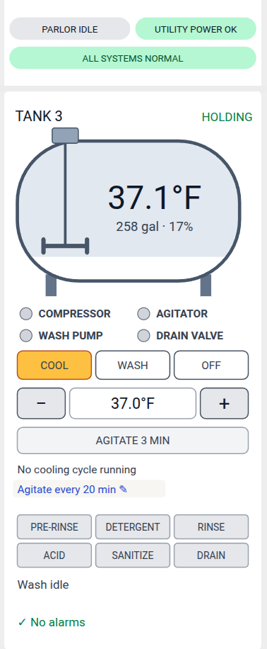 Phone view of a bulk tank: milk temperature, volume, compressor and agitator status